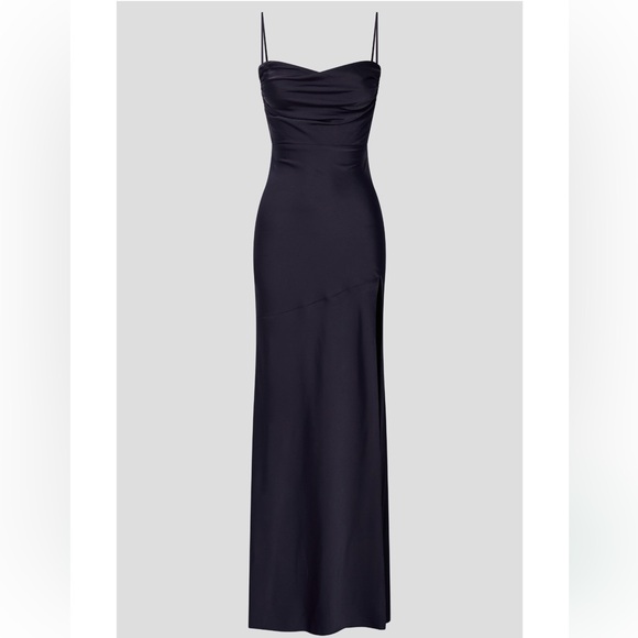 Satin Navy Cowl Neck Elegant Maxi Dress - Picture 6 of 6